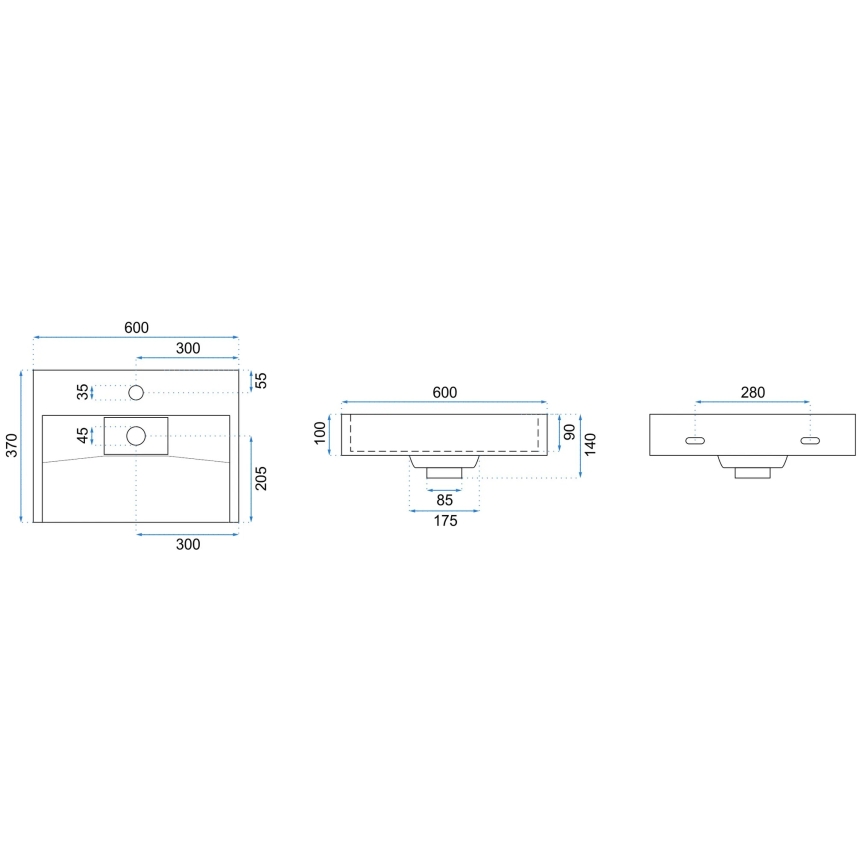 REA-U8901 - Vask til bordplade GOYA 37x60 cm komposit/mat hvid