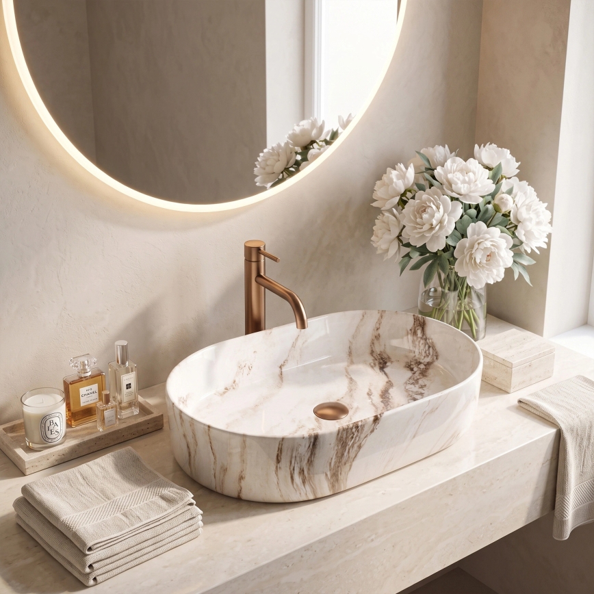 REA-U9239 - Håndvask til bordplade NADIA 38,5x61 cm keramik/beige/stenlook