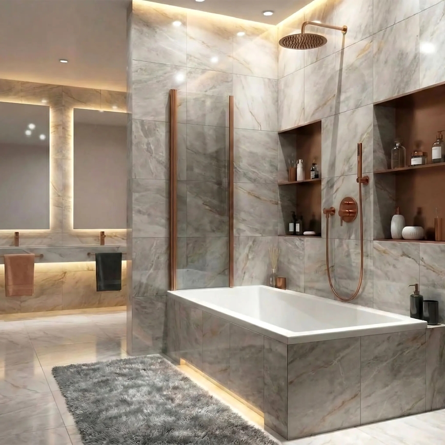 REA-W5696 - Foldbar badekarskærm AGAT 140x80 cm børstet kobber/klart glas