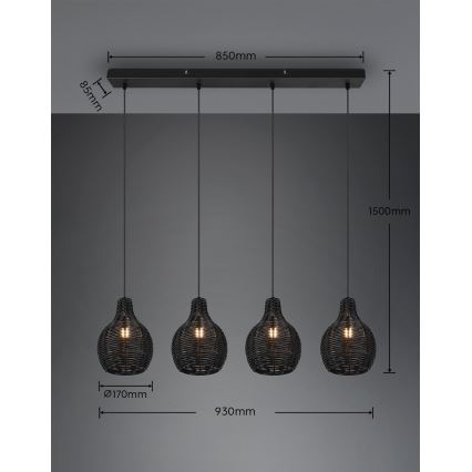 Reality - Loftlampe på wire SPROUT 4xE14/30W/230V sort/rattan