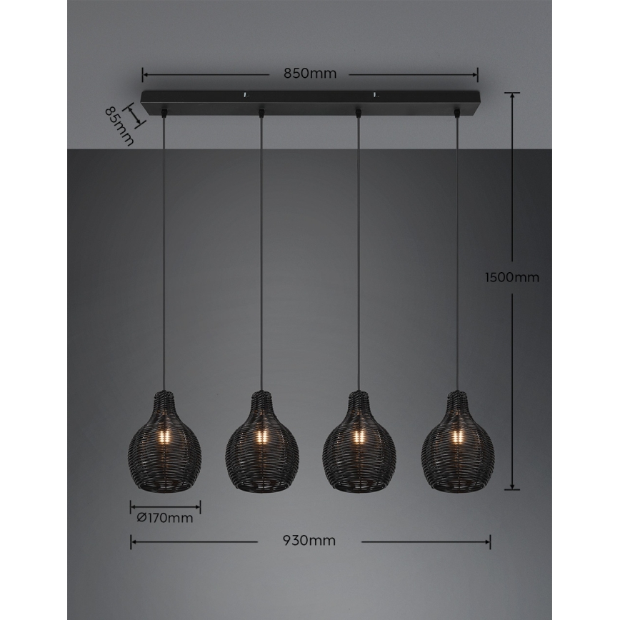 Reality - Loftlampe på wire SPROUT 4xE14/30W/230V sort/rattan