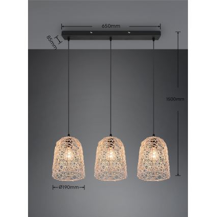 Reality - Pendel på kabel LOVIS 3xE27/40W/230V sort