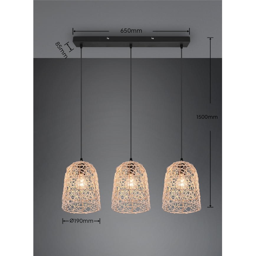 Reality - Pendel på kabel LOVIS 3xE27/40W/230V sort