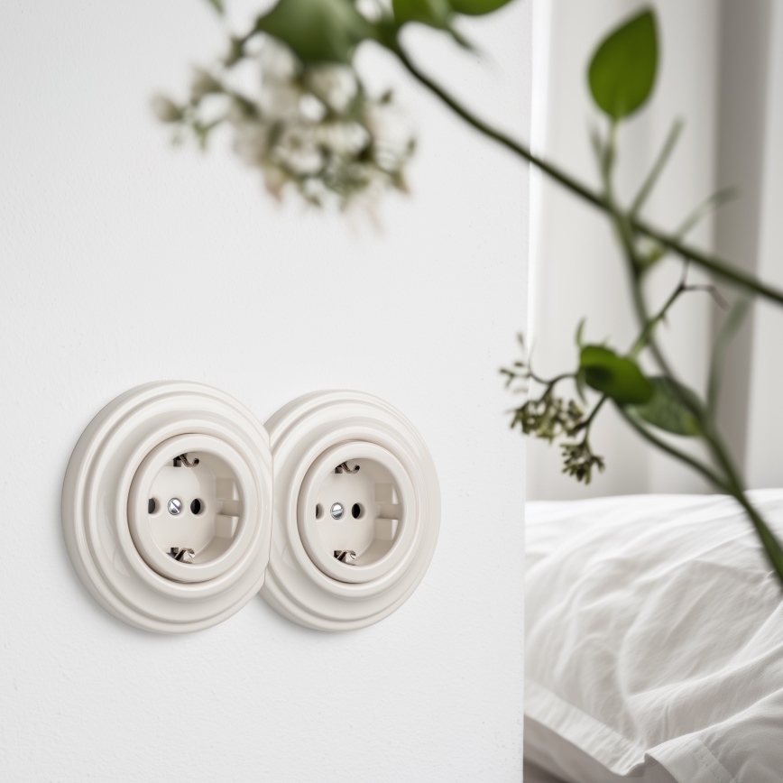 Reblig - Dobbelt retro-stikkontakt til bolig med ramme, SCHUKO 230V, beige