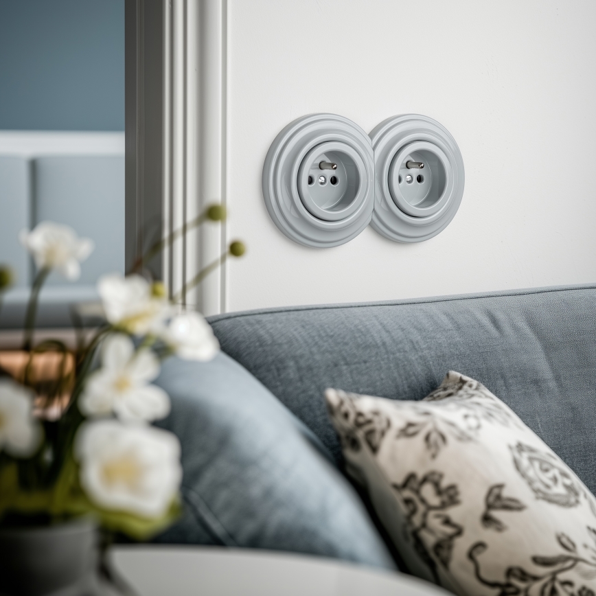Reblig - Dobbelt retro stikkontakt til hjemmet med ramme, 230 V, grå