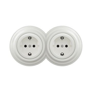 Reblig - Dobbelt retro-stikkontakt til hjemmet med ramme, SCHUKO 230 V, keramisk hvid
