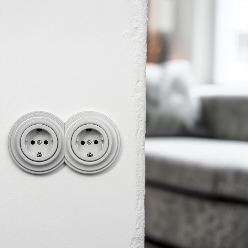 Reblig - Dobbelt retro-stikkontakt til hjemmet med ramme, SCHUKO 230 V, keramisk hvid