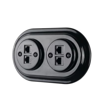Reblig - Retro ethernet-udtag i porcelæn uden ramme 2x CAT.5E sort