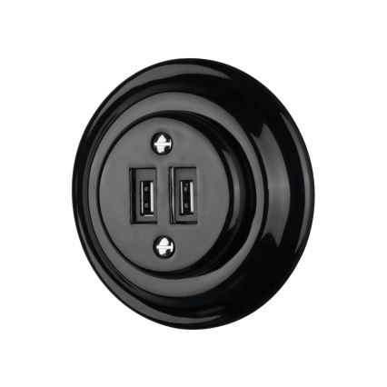Reblig - Retro porcelæns-USB-strømudtag uden ramme, 2x USB-A, sort