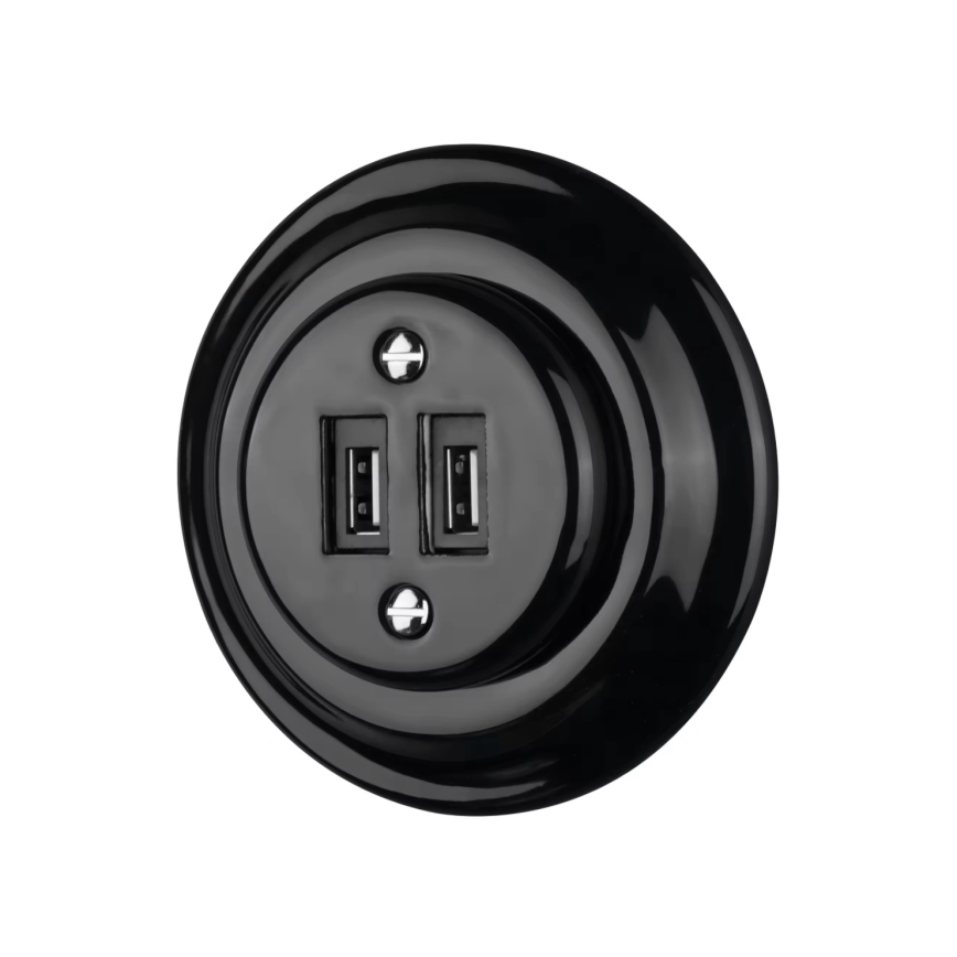 Reblig - Retro porcelæns-USB-strømudtag uden ramme, 2x USB-A, sort