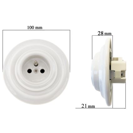 Reblig - Porcelæns-retrostikkontakt til bolig med ramme 250V/16A, hvid