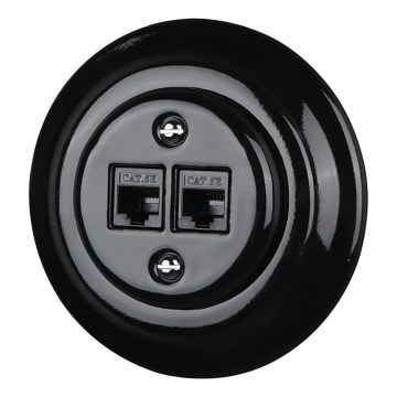 Reblig - Porcelænsretro Ethernet-udtag med ramme, 2x CAT5e, sort