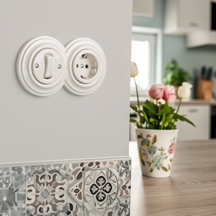 Reblig - Retro enpolet afbryder nr. 1 og SCHUKO-stikkontakt 230 V med ramme, beige