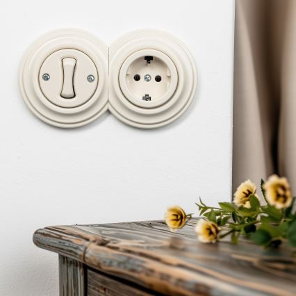 Reblig - Retro enpolet afbryder nr. 1 og SCHUKO-stikkontakt 230 V med ramme, beige