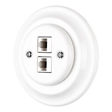 Reblig - Retro porcelæns netværksudtag med ramme, 2x CAT.5E, hvid