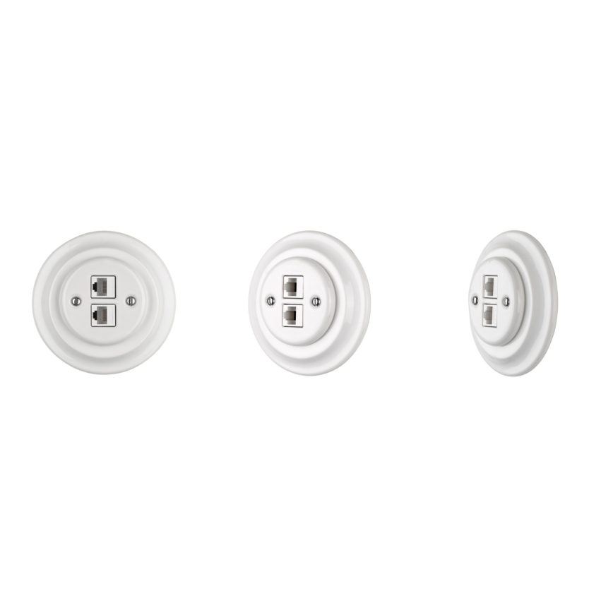 Reblig - Retro porcelæns netværksudtag med ramme, 2x CAT.5E, hvid