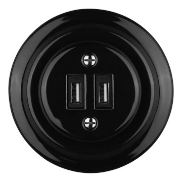 Reblig - Retro porcelæns USB-stikkontakt med ramme, 2 x USB-A, sort