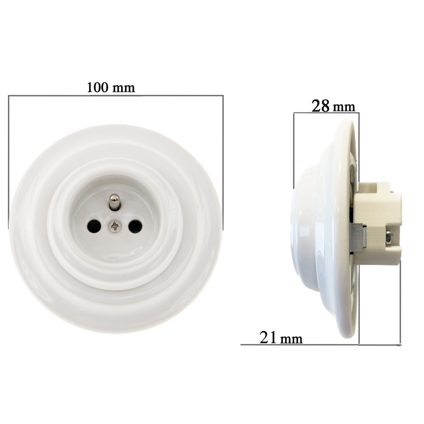 Reblig - Porcelænsretro vægstikkontakt med SCHUKO-ramme 250V/16A, hvid