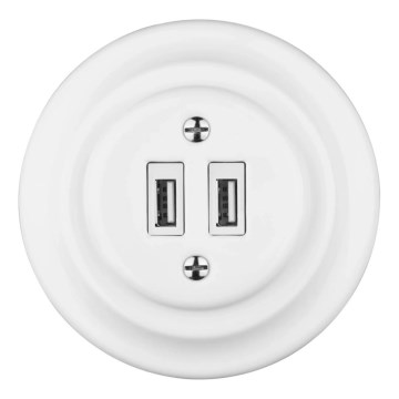 Reblig - Retro USB-stikkontakt i porcelæn med ramme, 2x USB-A, hvid