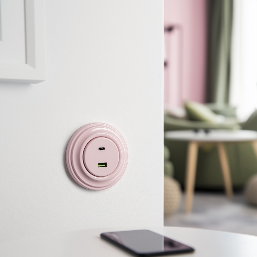 Reblig - Retro USB-udtag A+C med ramme, gammelrosa