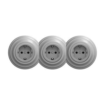 Reblig - Tredobbelt retro-stikkontakt til hjemmet med ramme SCHUKO 230V grå