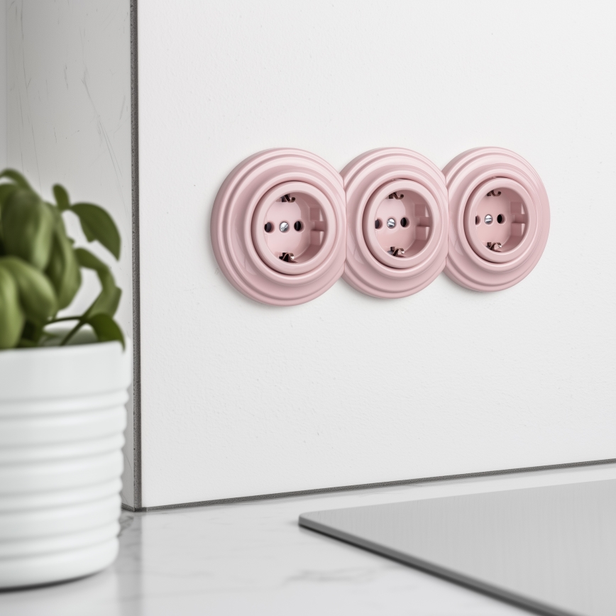 Reblig - Tredobbelt retro vægudtag med ramme, SCHUKO 230V, gammelrosa