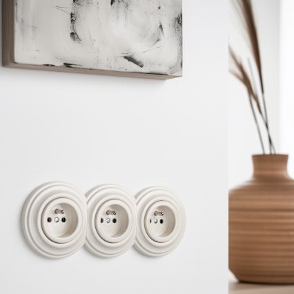 Reblig - Tripel retro stikkontakt med ramme, 230 V, beige