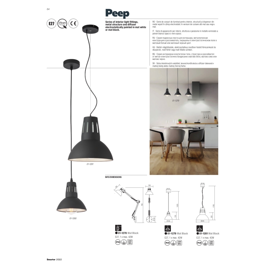 Redo 01-1279 - Pendel på ledning PEEP 1xE27/42W/230V Ø 16,5 cm sort