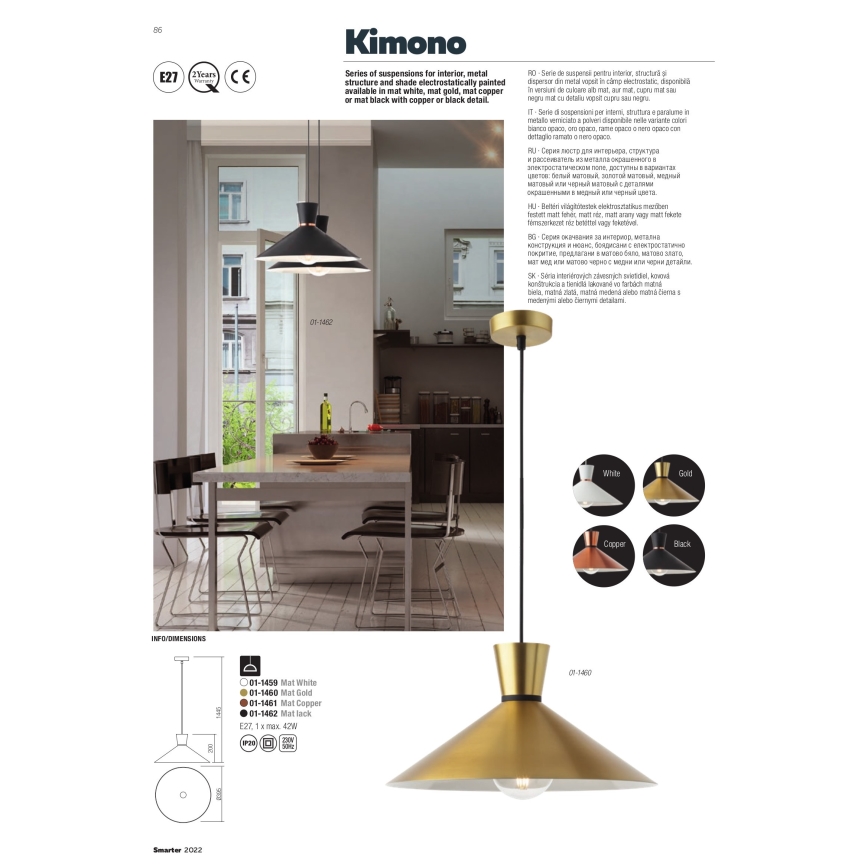 Redo 01-1461 - Pendel KIMONO 1xE27/42W/230V diameter 39,5 cm kobber