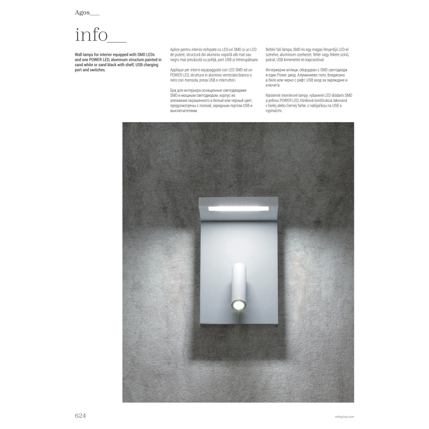 Redo 01-1499 - LED vægspot AGOS LED/6W/230V + LED/3,2W USB hvid