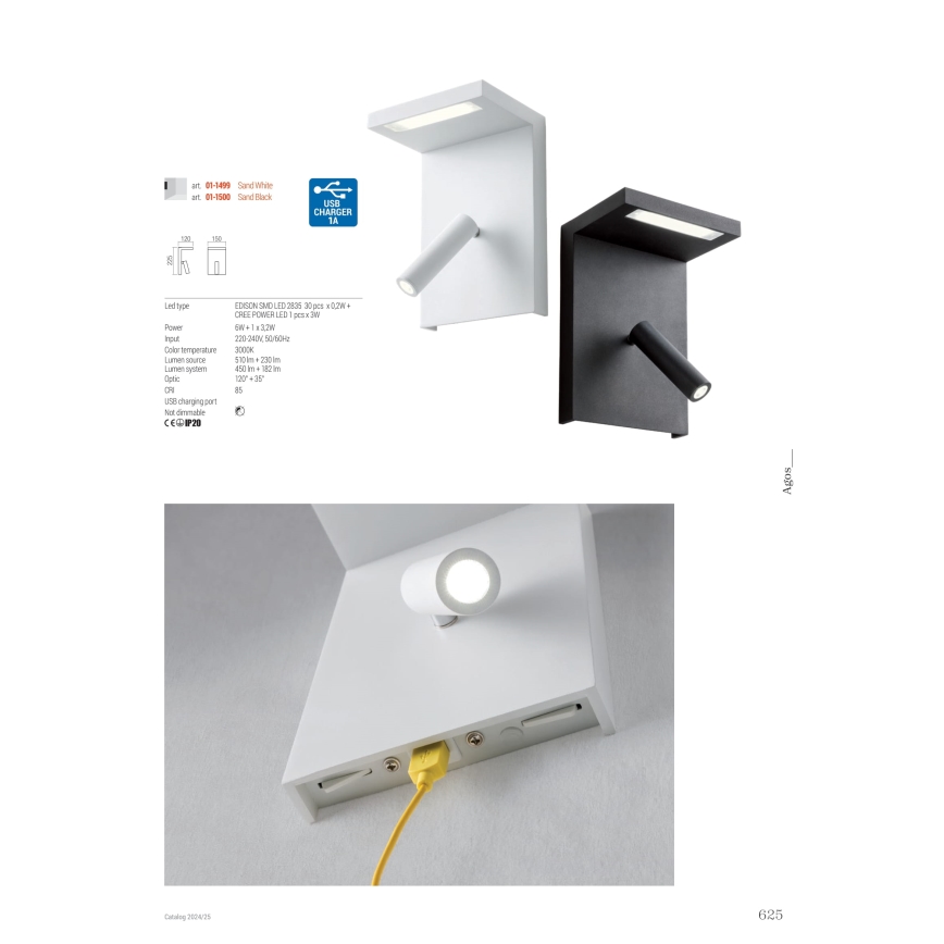 Redo 01-1500 - LED vægspot AGOS LED/6W/230V + LED/3,2W USB sort