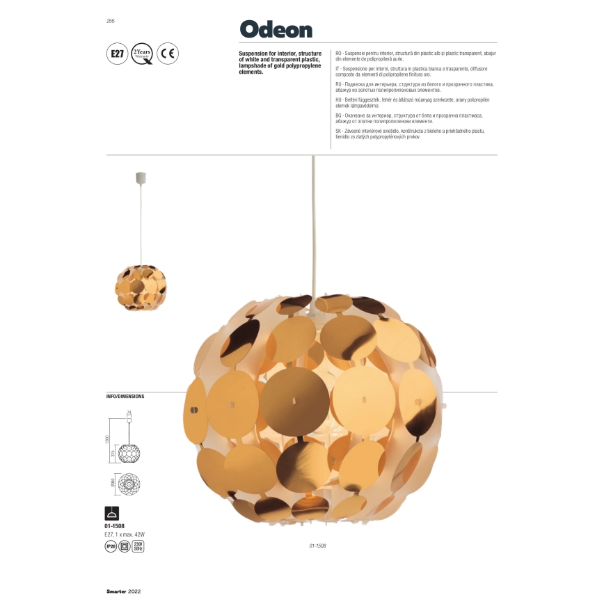 Redo 01-1508 - Pendel ODEON 1xE27/42W/230V diameter 36 cm guldfarvet