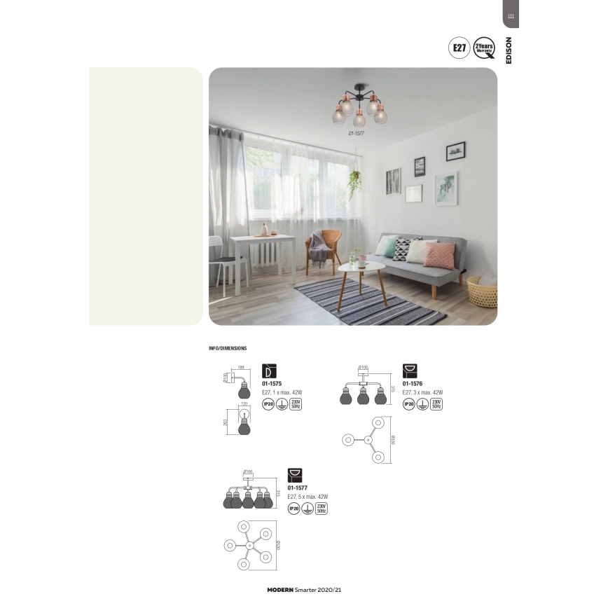 Redo 01-1577 - Loftlampe på stang EDISON 5xE27/42W/230V Ø 53 cm sort/kobber