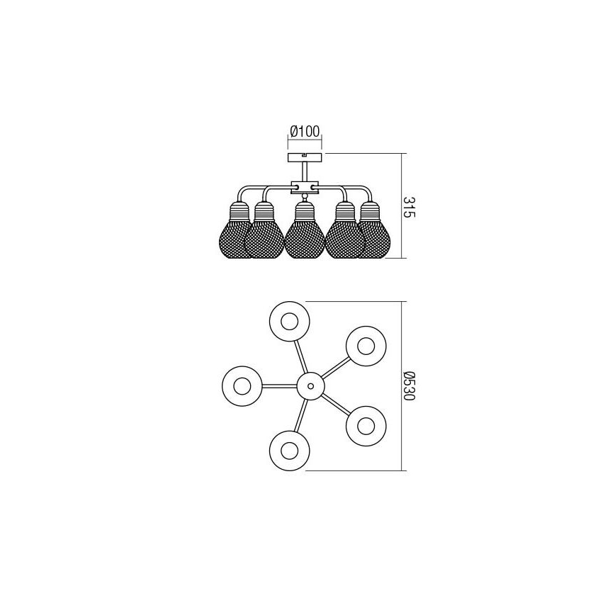 Redo 01-1577 - Loftlampe på stang EDISON 5xE27/42W/230V Ø 53 cm sort/kobber
