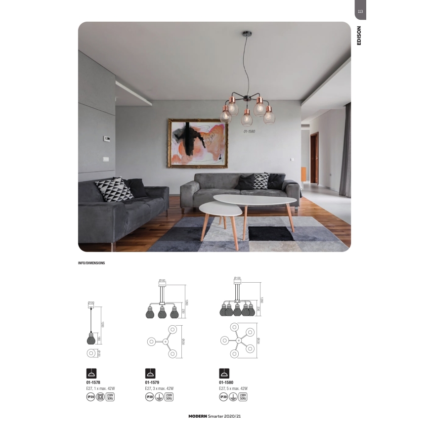 Redo 01-1579 - Pendel på kabel EDISON 3xE27/42W/230V Ø 53 cm sort/kobber