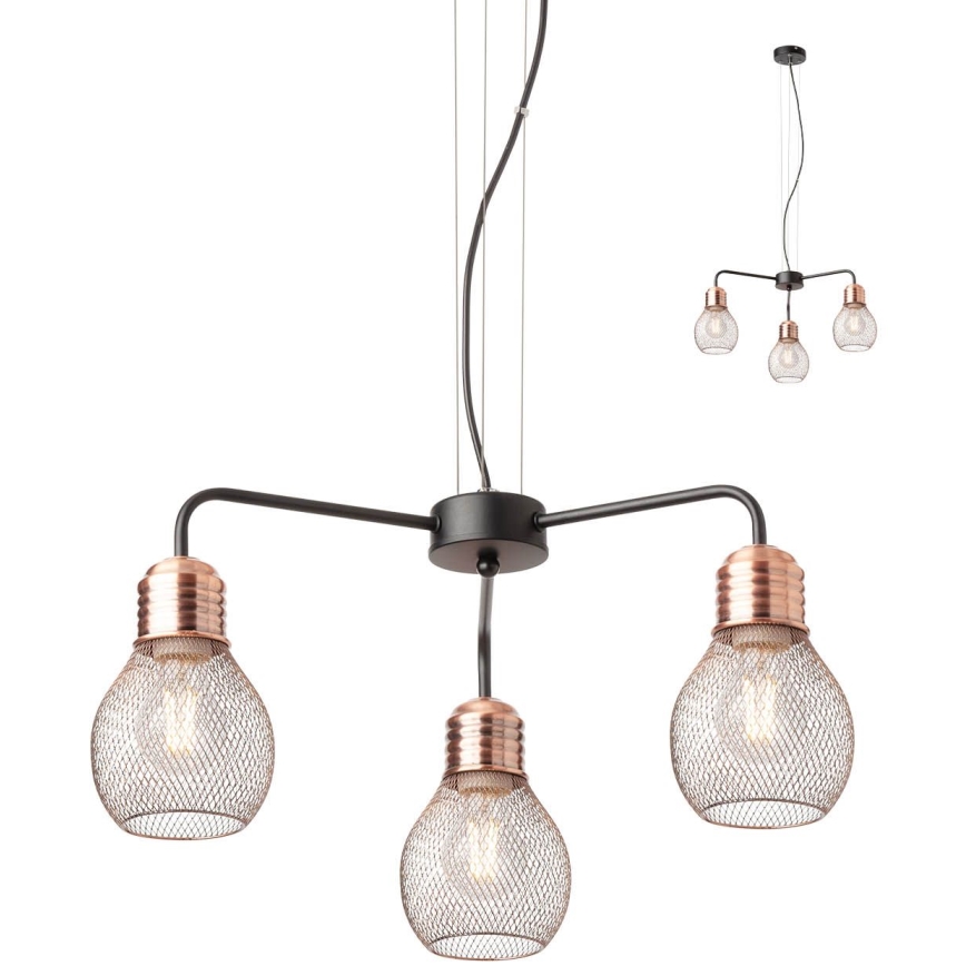 Redo 01-1579 - Pendel på kabel EDISON 3xE27/42W/230V Ø 53 cm sort/kobber