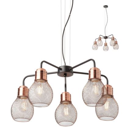 Redo 01-1580 - Lysekrone med kabelophæng EDISON 5xE27/42W/230V Ø 53 cm sort/kobber