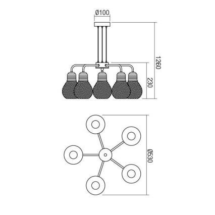 Redo 01-1580 - Lysekrone med kabelophæng EDISON 5xE27/42W/230V Ø 53 cm sort/kobber
