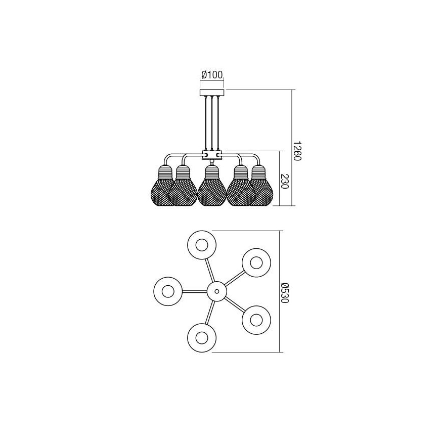 Redo 01-1580 - Lysekrone med kabelophæng EDISON 5xE27/42W/230V Ø 53 cm sort/kobber