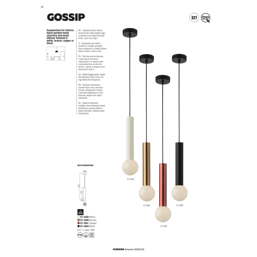 Redo 01-1661 - Pendel GOSSIP 1xE27/42W/230V kobber