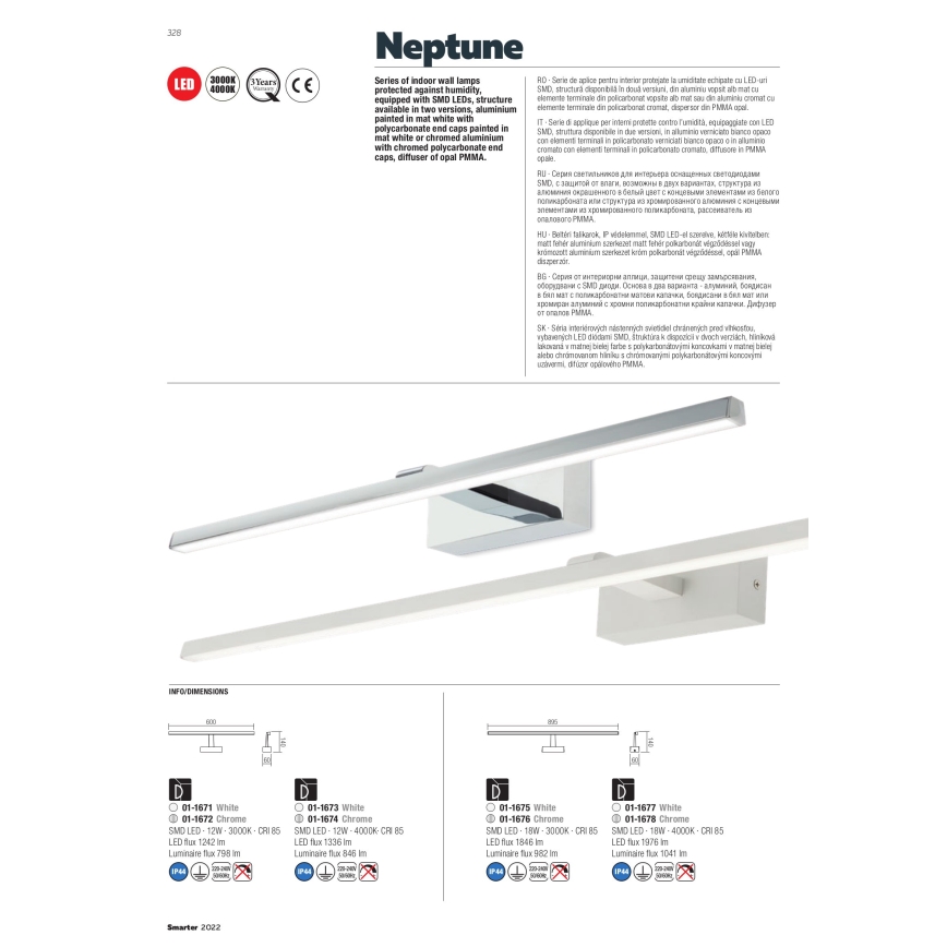 Redo 01-1674 - LED-belysning til badeværelsesspejl NEPTUNE LED/12W/230V 60 cm IP44 blank krom