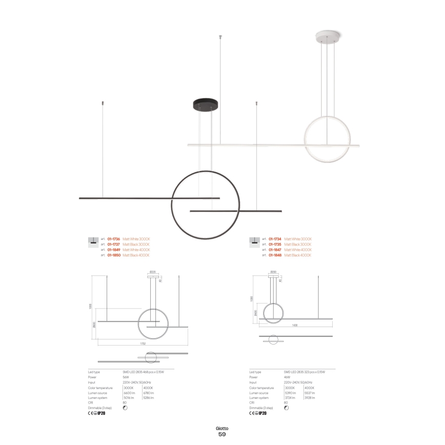 Redo 01-1734 - LED pendel dæmpbar GIOTTO LED/46W/230V hvid