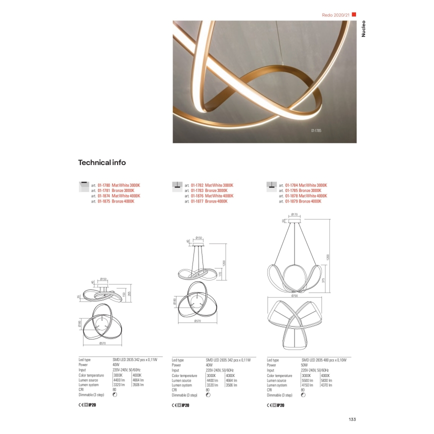 Redo 01-1784 - LED dæmpbar loftlampe på kabel NUCLEO LED/55W/230V hvid