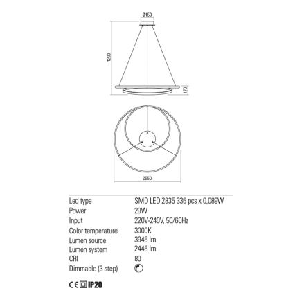 Redo 01-1793 - LED pendel dæmpbar TORSION LED/29W/230V diameter 55 cm hvid