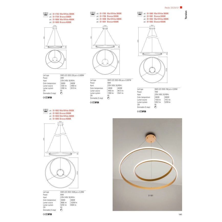 Redo 01-1796 - LED lysekrone i en snor TORSION LED/40W/230V