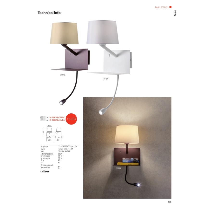 Redo 01-1807 - LED væglampe med flexible lille lampe TOMO 1xE27/42W/230V + LED/3W/230V hvid