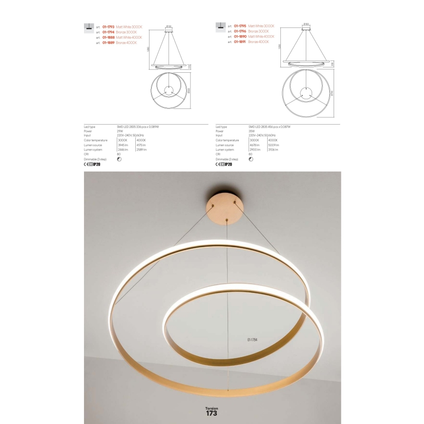 Redo 01-1891 - Dæmpbar LED-lysekrone på wire TORSION LED/35W/230V Ø 75 cm bronze