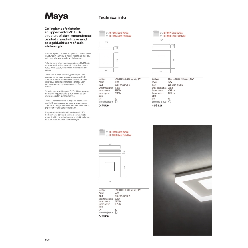 Redo 01-1998 - Dæmpbar LED-loftlampe MAYA LED/42W/230V 42,5x42,5 cm guld