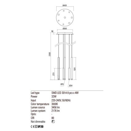 Redo 01-2050 - LED pendel MADISON 8xLED/4W/230V guldfarvet