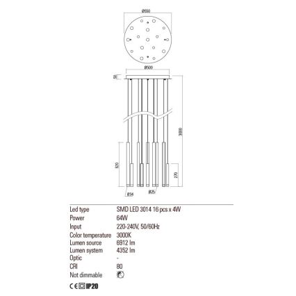 Redo 01-2058 - LED pendel MADISON 16xLED/4W/230V guldfarvet